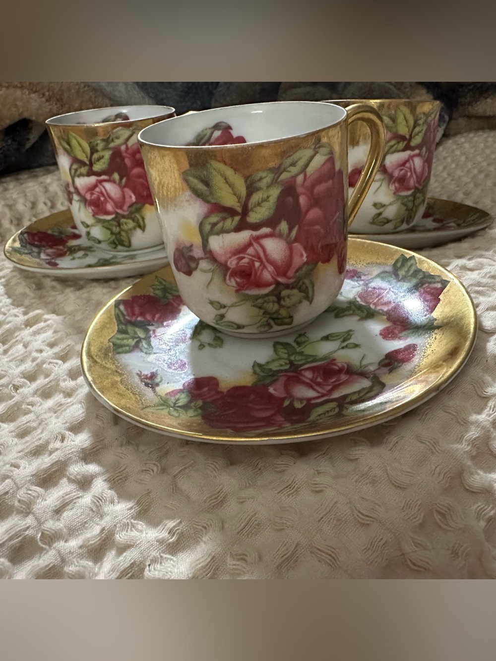 Vintage Rose-Pattern Porcelain Espresso Cups & Saucers with Gold Trim
